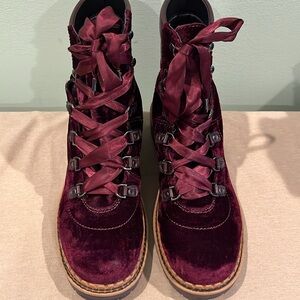 Sam Edelman "Browan" Burgundy Crushed Velvet Hiking Boots with satin laces